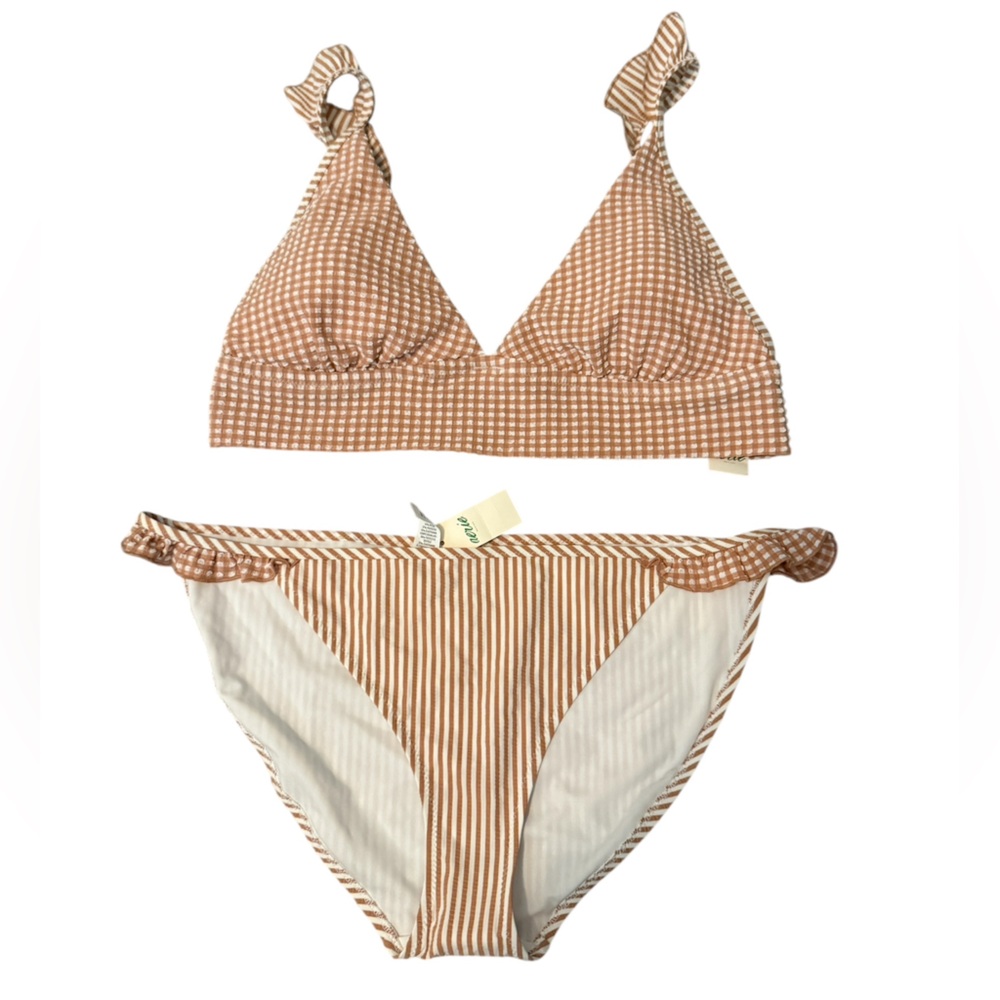 Aerie Seersucker Ruffle, Checkered, Stripped Bikini Swimsuit in Brown and White